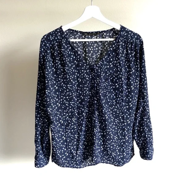Zara Navy Blue Star Chiffon Long Sleeve Button Up Blouse Size XS - Picture 2 of 12